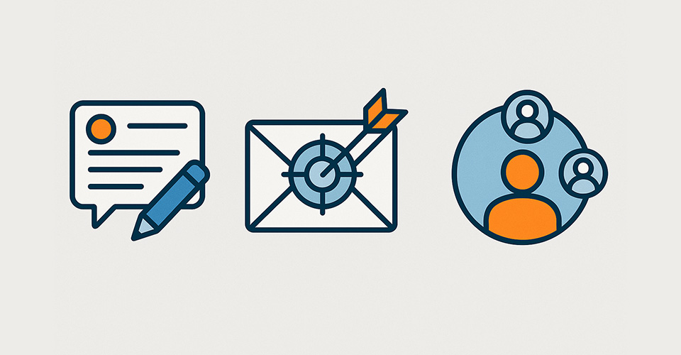Icons representing personalized messages, targeted emails, and customer personas
