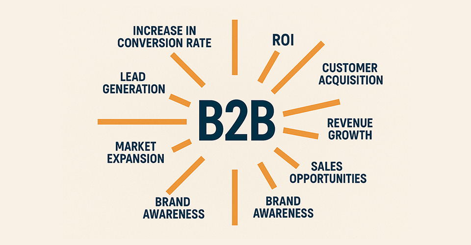 In centre B2b and different rays like sun each pointing out benefits like increase in conversion rate, roi