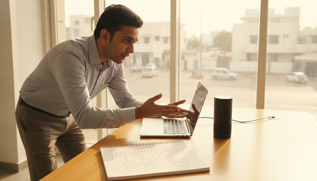 Business owner speaking to a smart speaker in a Jaipur office while planning aeo services content structure on a laptop and notepad