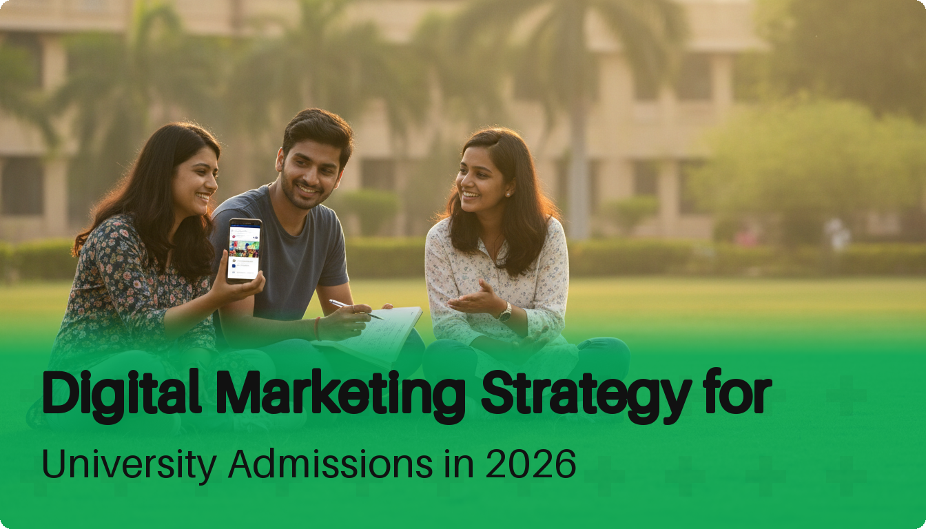 University students on a Jaipur campus lawn viewing an admissions page on a smartphone, illustrating a digital marketing strategy for university outreach.
