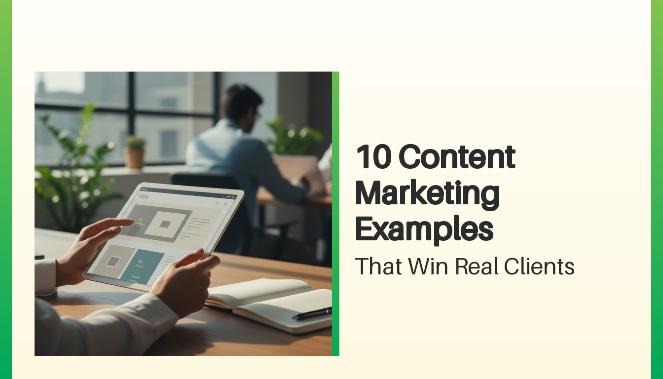 Business owner reading content marketing examples on a tablet while taking notes