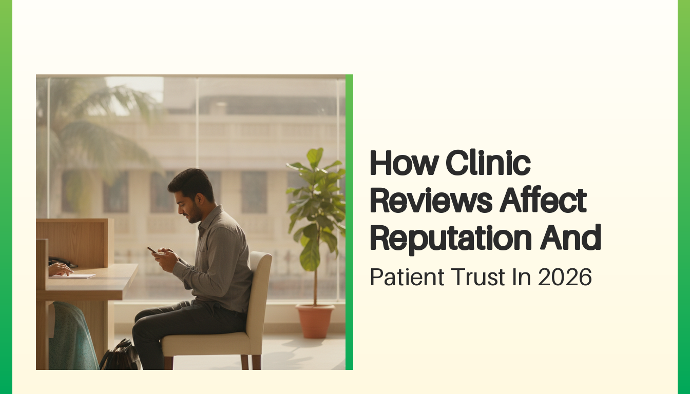 Patient reading how clinic reviews affect reputation on a phone in a bright waiting room.